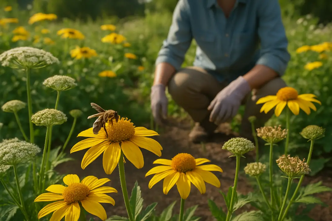 Bee visiting flowering garden plants that show different stages of pollen release and stigma receptivity.