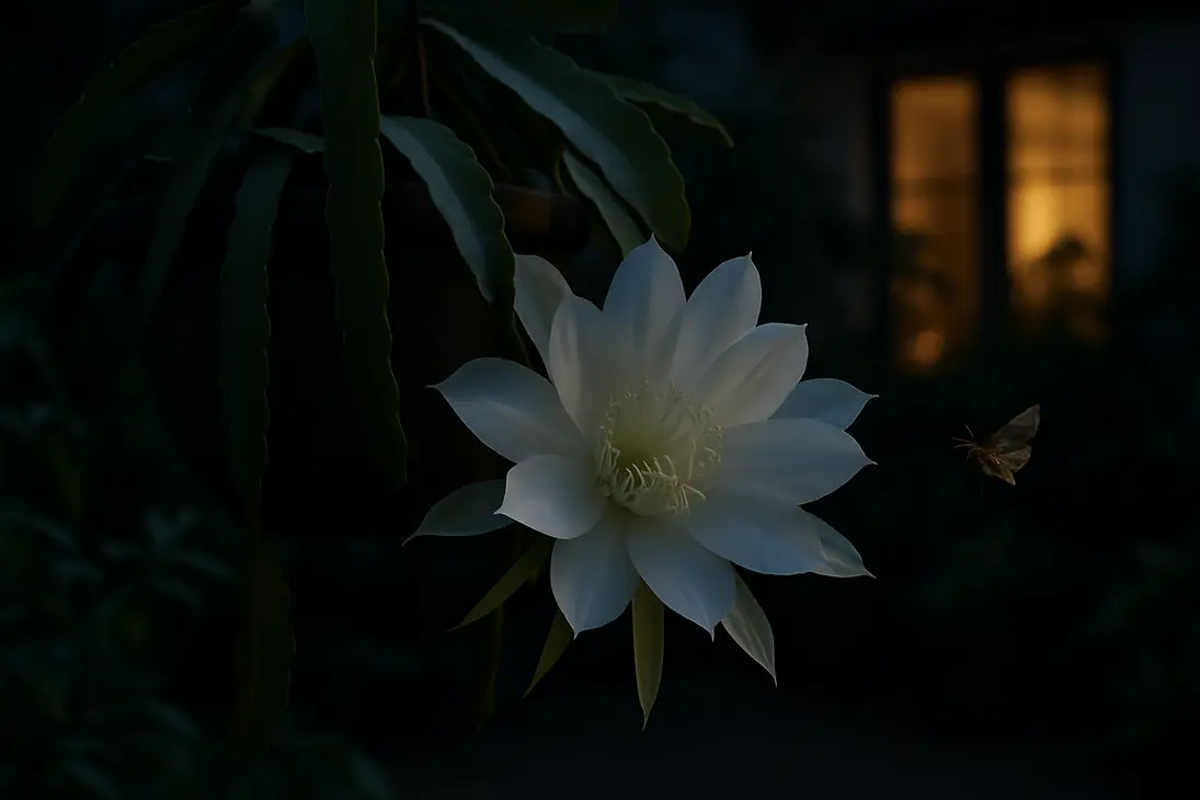 A Queen of the Night cactus flower open at night with its white petals and reproductive parts visible.
