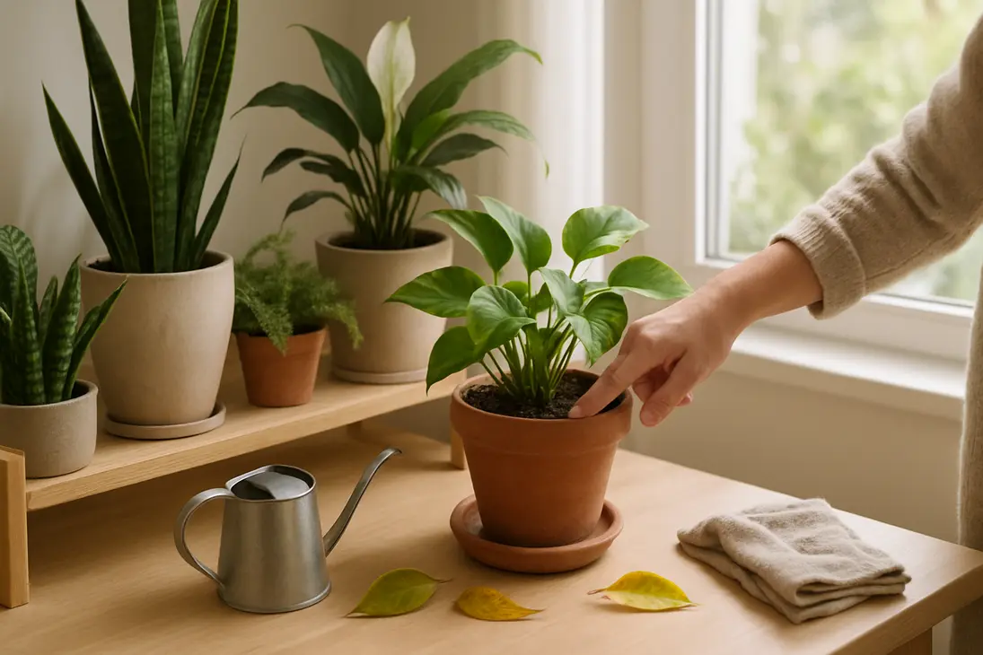 Person checking the soil moisture of a potted houseplant before watering.
