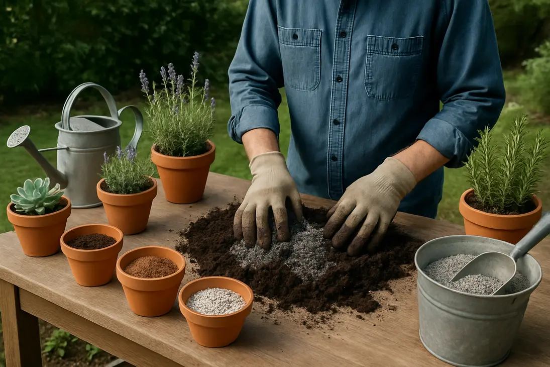 Gardener mixing mineral grit with potting soil for a regolith-based container mix.
