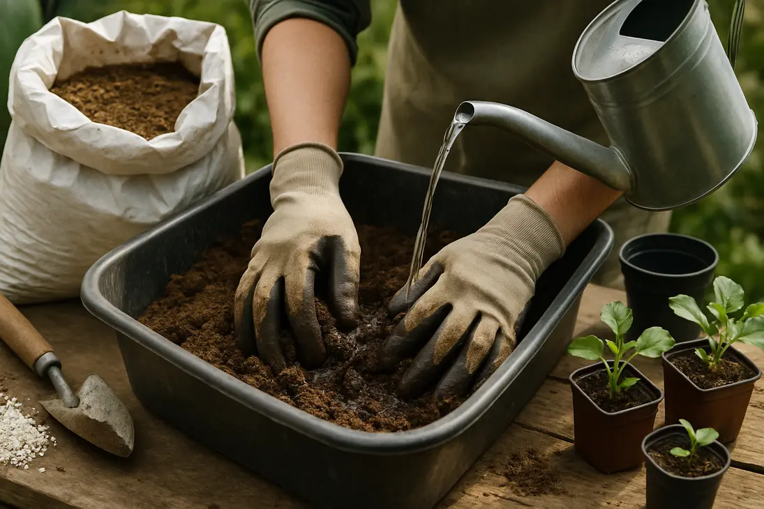 Gardener mixing water into dry potting soil in a tub before planting.