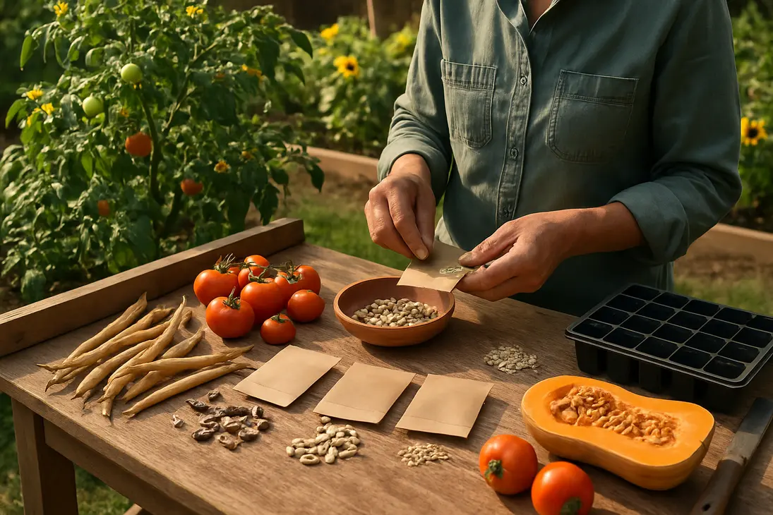 Gardener saving seeds from mature vegetable plants for replanting in a backyard garden.