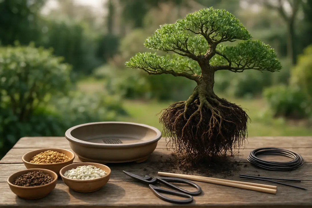 A bonsai tree being repotted with exposed roots, granular soil mix, tools, and a shallow bonsai pot on a garden workbench.