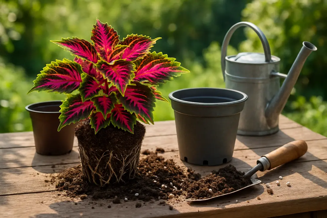 A coleus plant being repotted into a larger container with fresh potting mix.