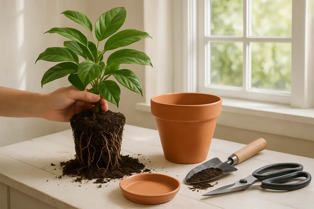 Houseplant with exposed roots being repotted into a terracotta clay pot on an indoor potting table.