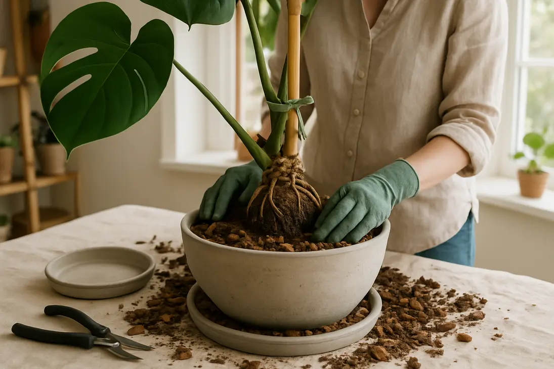 A large indoor plant being repotted into a heavy, wide pot with fresh soil and temporary support.