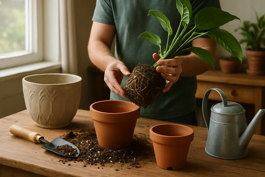 Houseplant being repotted with exposed roots, fresh potting mix, and several pots on a work table.
