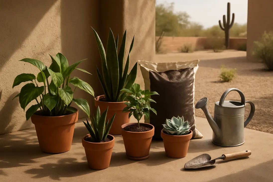 Potted houseplants acclimating on a shaded Arizona patio before repotting.