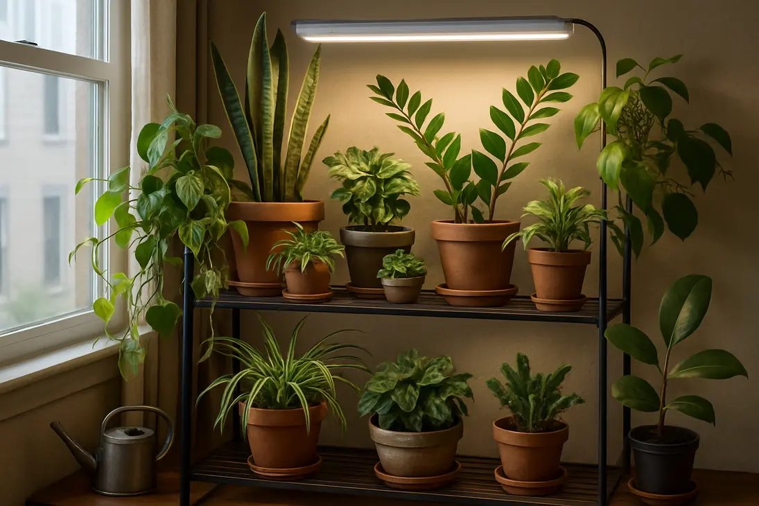 Resilient houseplants growing on an indoor shelf under basic LED grow lights.