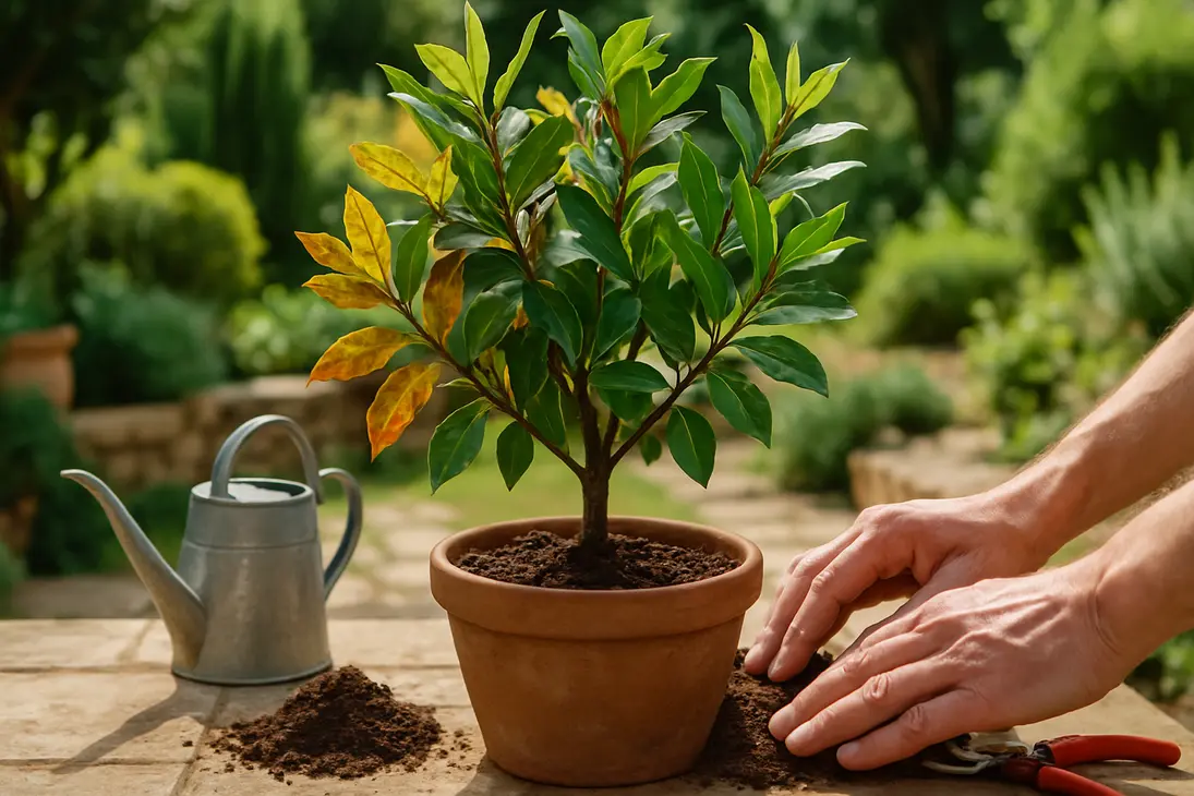 Potted bay laurel with discolored leaves and new green growth being checked for soil moisture.