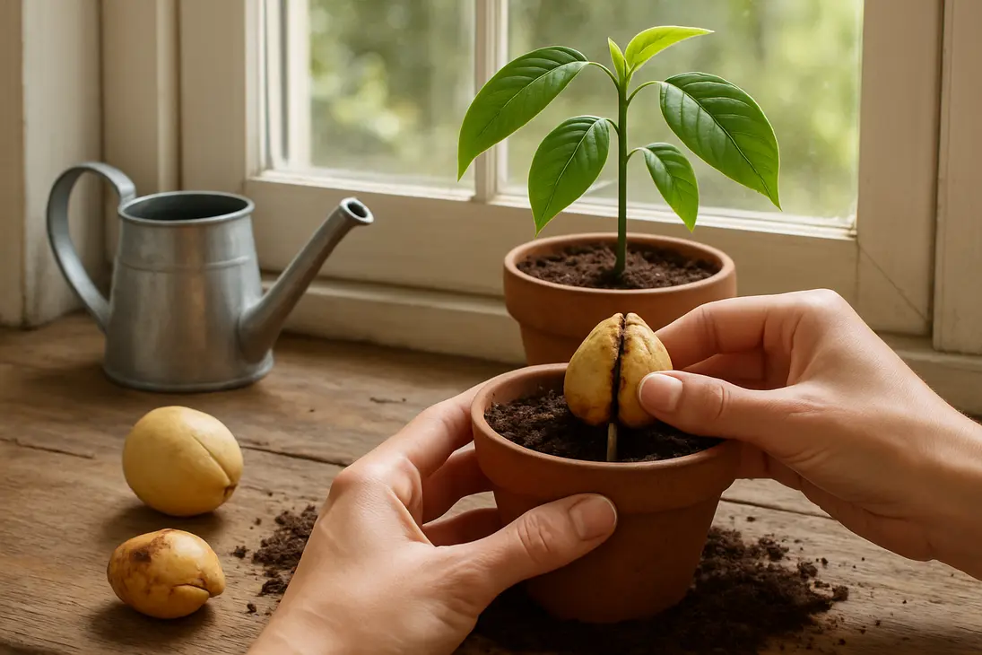A sprouted avocado seed being carefully planted in soil beside a fresh pit and a failed pit.