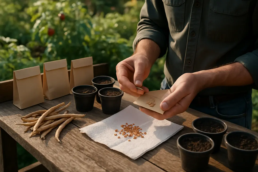Gardener preparing saved seeds and seed-starting pots at an outdoor potting bench.