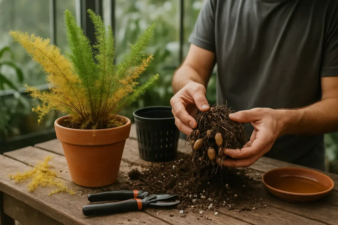 Overwatered foxtail fern being checked for soggy soil and root rot before repotting.