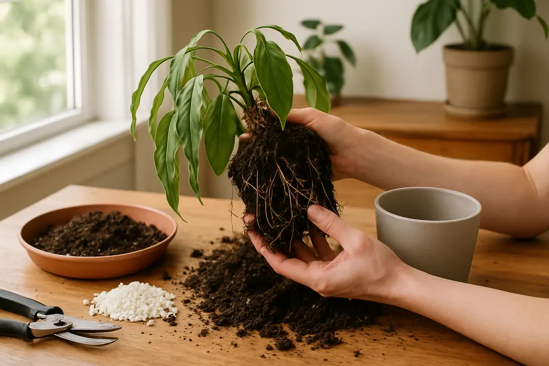 Drooping overwatered houseplant being inspected and repotted with fresh soil on an indoor gardening table.
