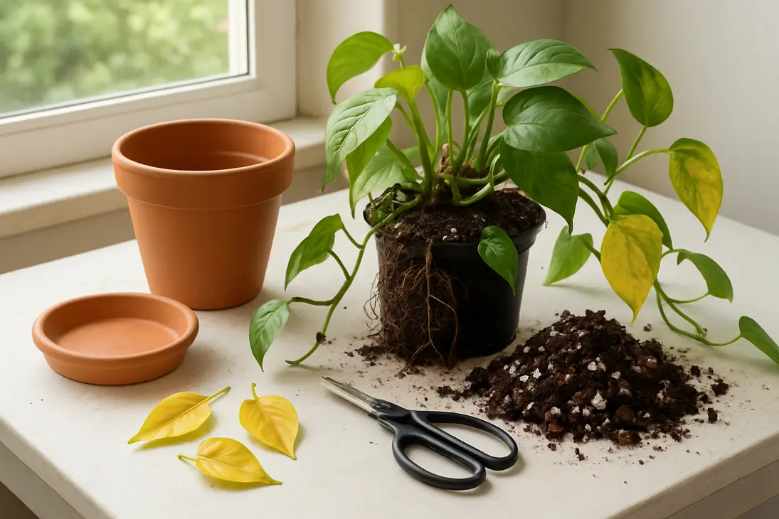 Overwatered pothos being checked for root rot before repotting into fresh airy soil.