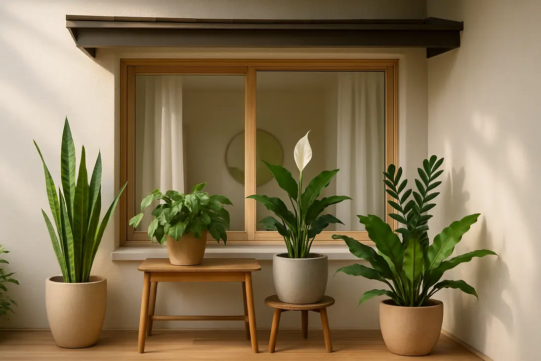 Indoor plants placed near a shaded window under a deep roof overhang receiving soft natural light.