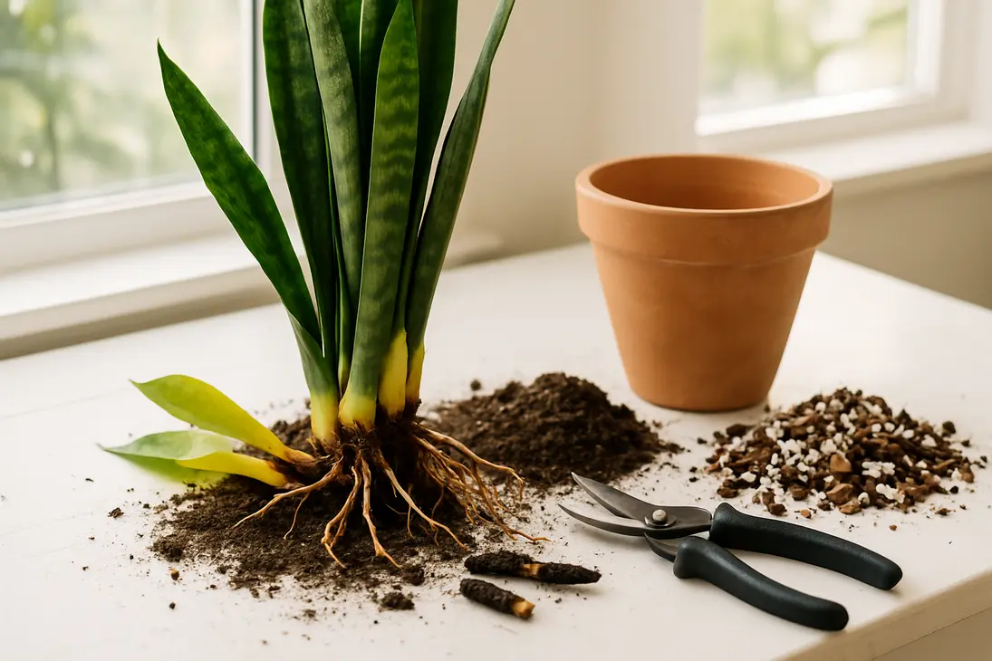 Snake plant removed from its pot for root rot inspection and repotting into fresh well-draining soil.