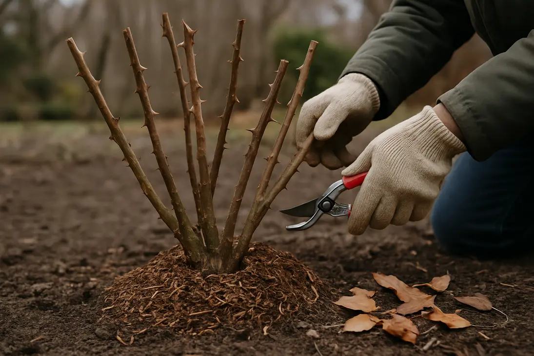 Dormant rose bush with thorny canes and mulch around the base for winter protection.