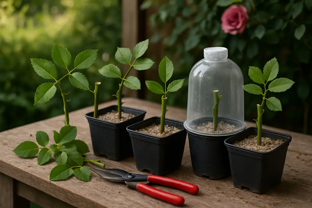 Rose cuttings planted in small pots under a clear humidity cover on a shaded garden bench.