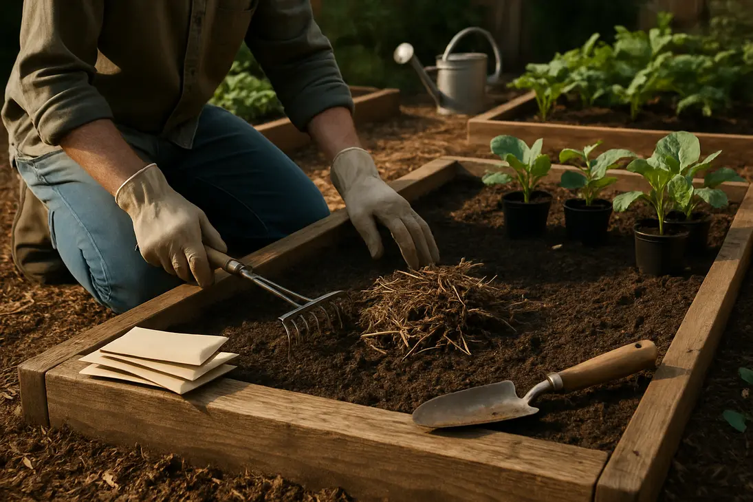 Gardener clearing dead weeds from a prepared garden bed before planting seeds and seedlings.