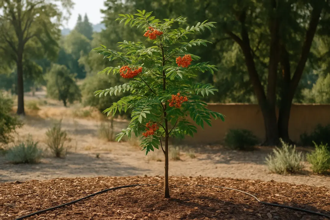 Young rowan tree growing in a mulched, shaded California zone 9 garden with drip irrigation.