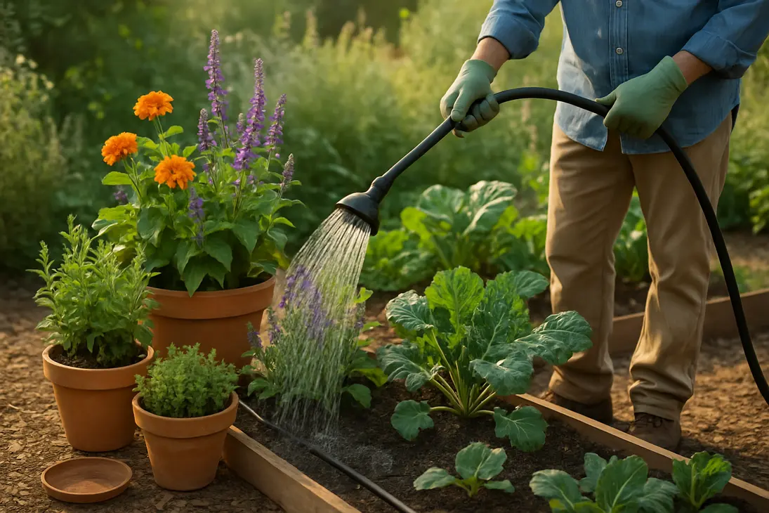 Gardener watering plants at the soil line in a container garden and raised bed.