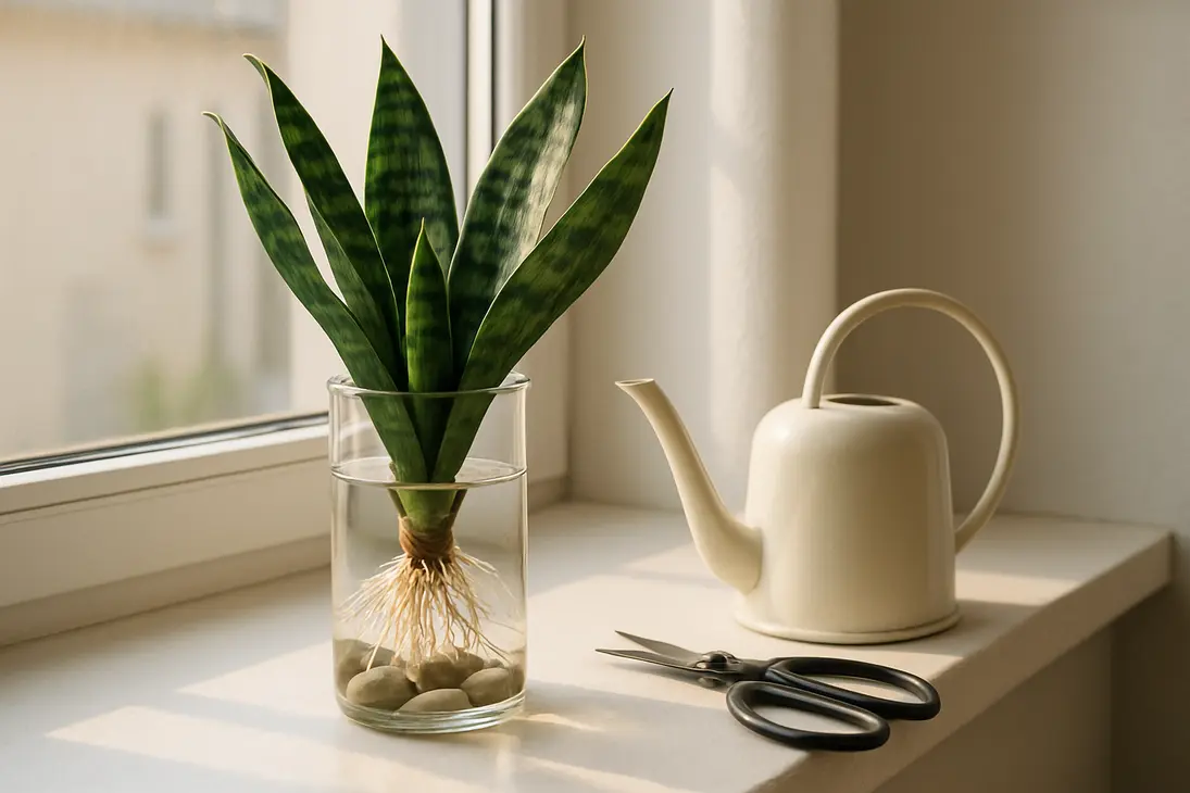 Sansevieria growing in a glass vase of water with roots submerged and leaf bases kept dry.