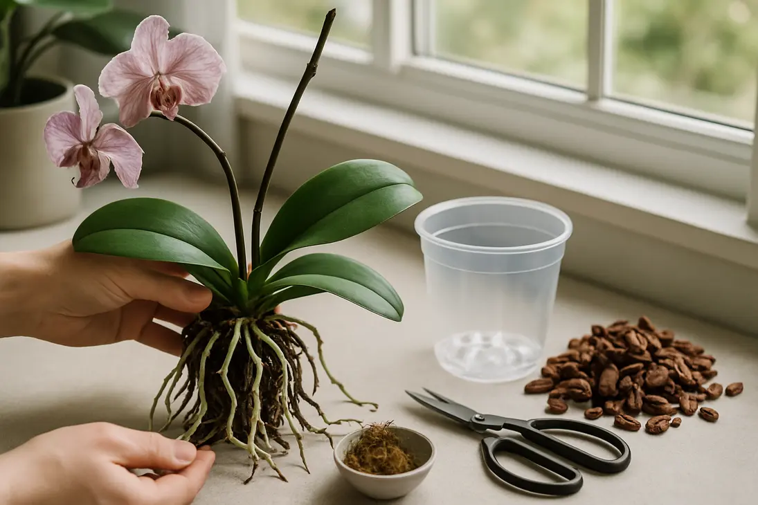 A Phalaenopsis orchid being repotted after wilted flowers, with roots inspected and fresh orchid bark nearby.