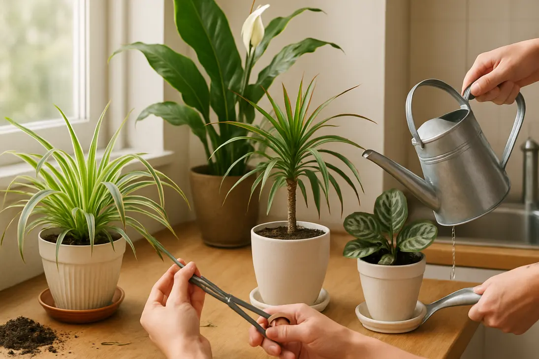 Houseplants with brown leaf tips being trimmed and watered in a bright indoor plant care area.