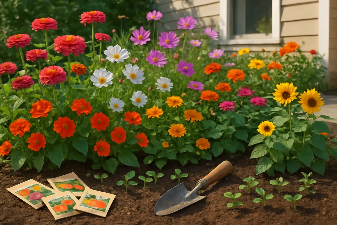 Colorful home flower garden with zinnias, cosmos, marigolds, nasturtiums, calendula, and sunflowers grown from seed.