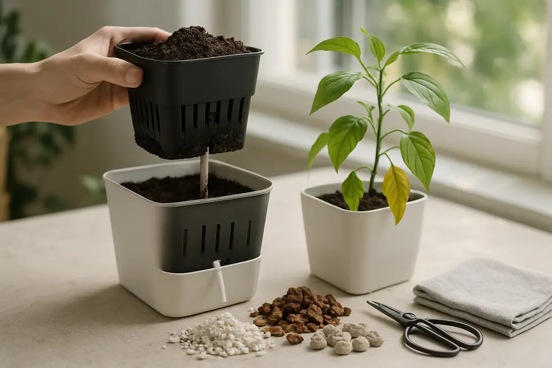 Self-watering pot with damp soil, reservoir, and wick being checked for overwatering problems.