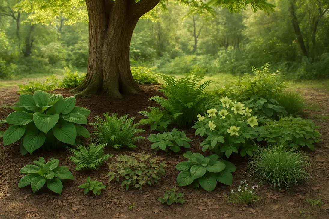 Shade-tolerant hostas, ferns, hellebores, and groundcovers growing beneath a large tree.