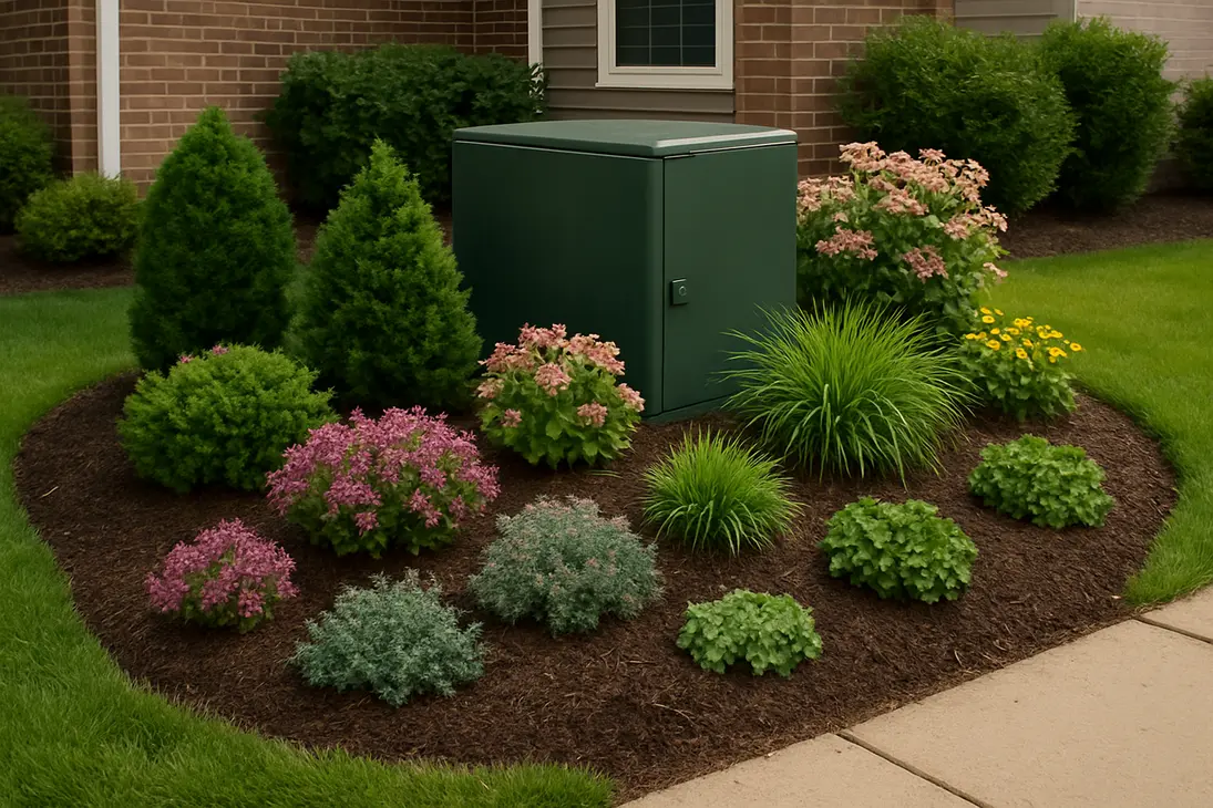 A utility box screened by compact shrubs and grasses with open access on one side.