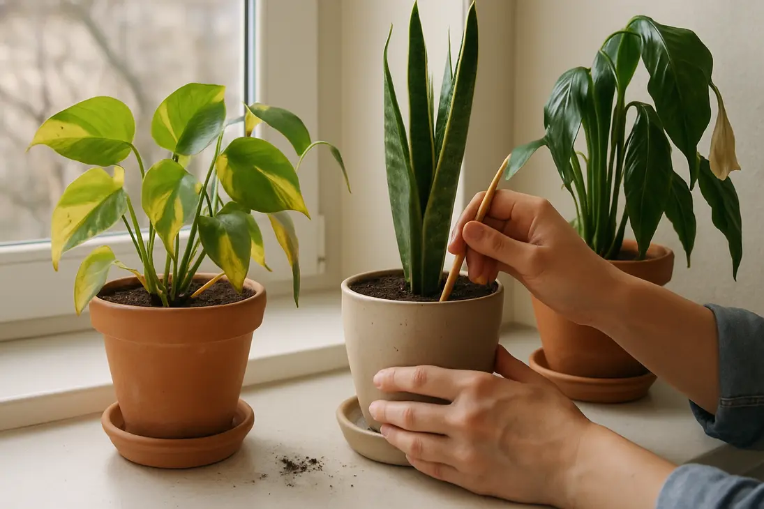 Gardener checking soil moisture beside low-maintenance houseplants with yellowing and drooping leaves.