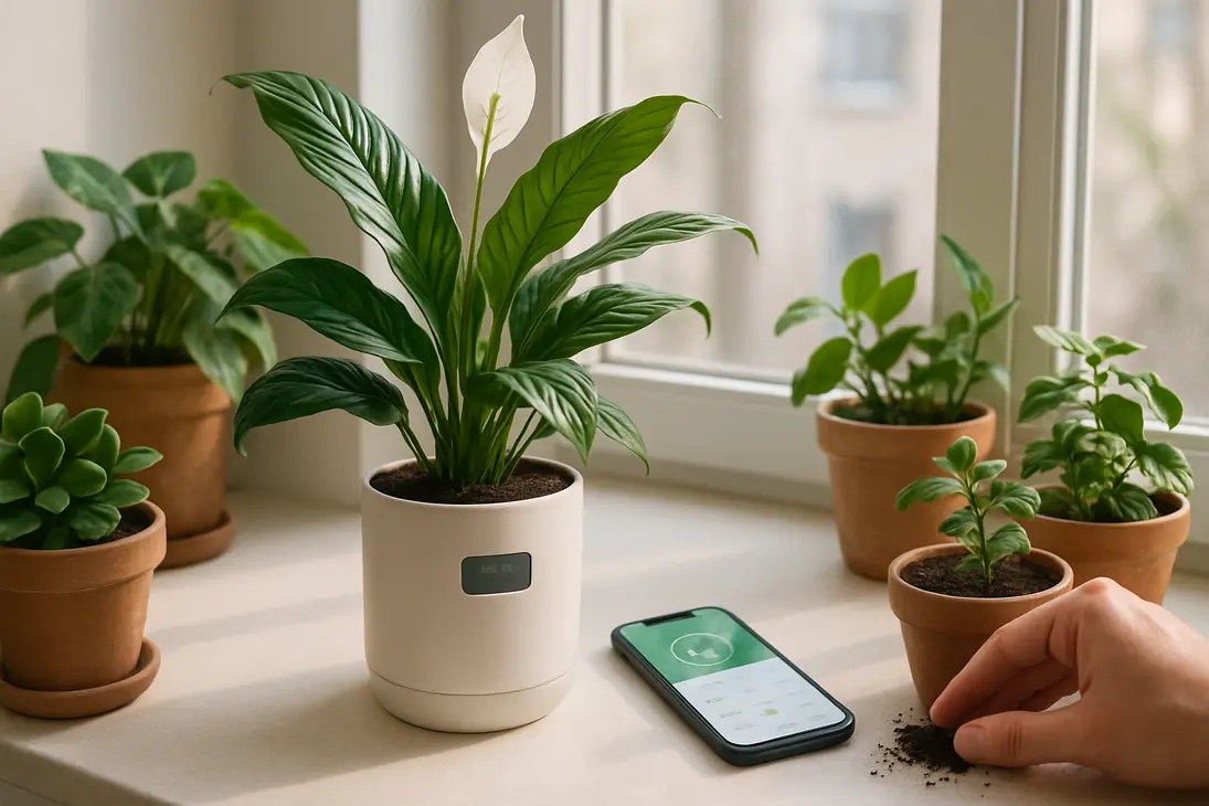 Smart pot and phone app beside houseplants on a bright indoor plant care table.