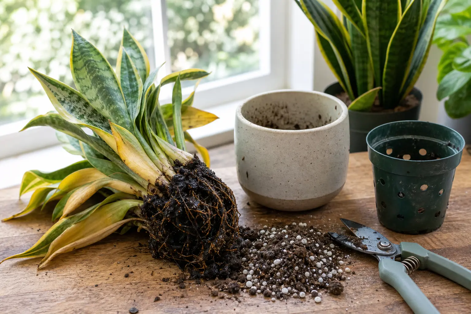 A drooping snake plant with wet soil and damaged roots beside a drainage pot and fresh potting mix.