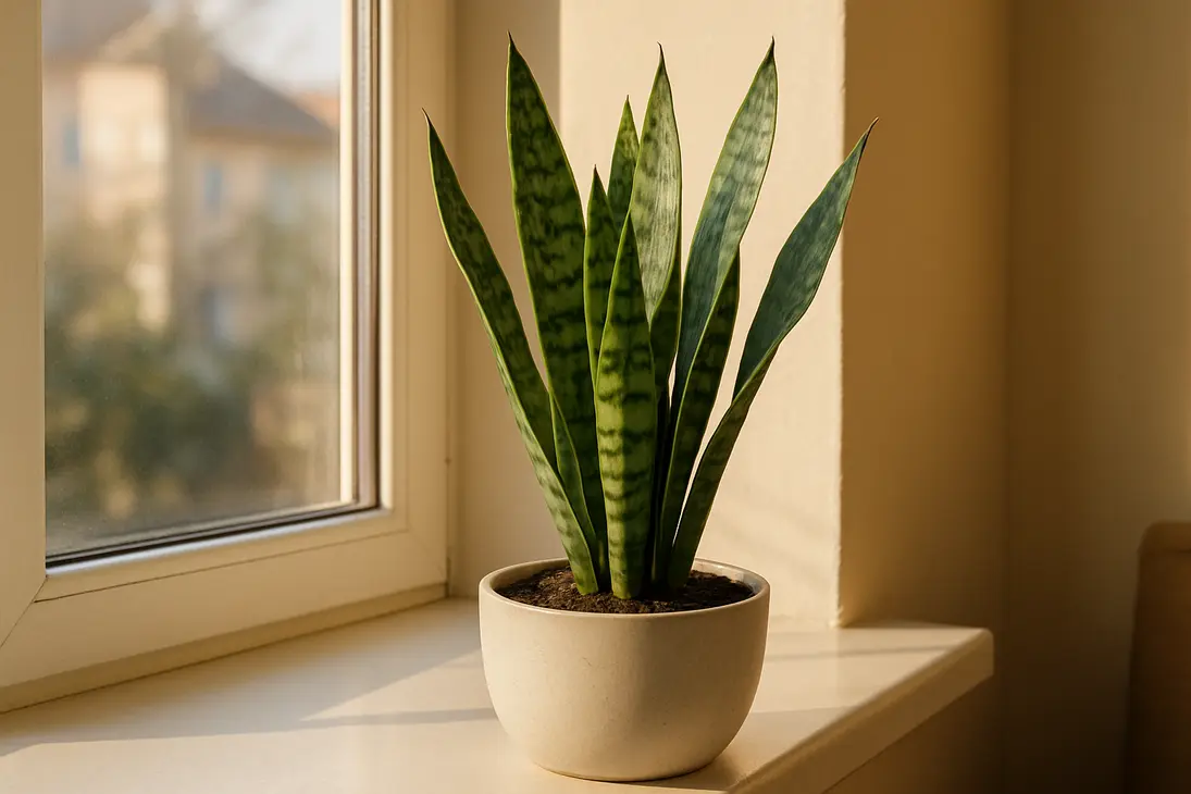 A snake plant in a pot with a small new shoot emerging from the soil.
