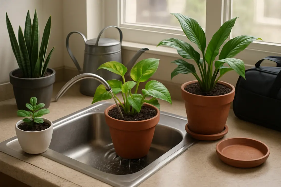 Houseplants being watered thoroughly and allowed to drain before a trip.