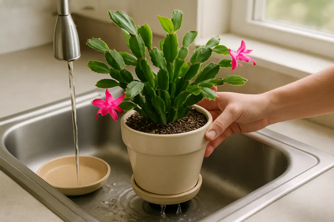 Holiday cactus being watered thoroughly in a draining pot at a sink.