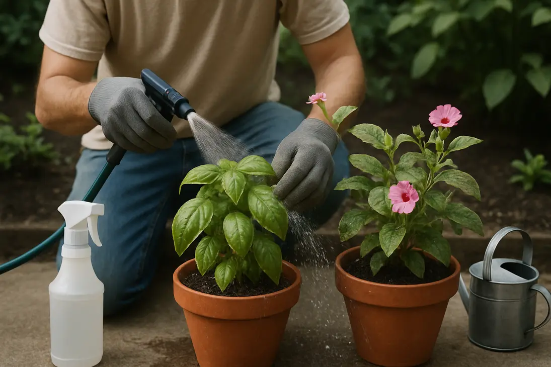 Gardener rinsing a potted plant with clean water after soap water caused leaf spotting.
