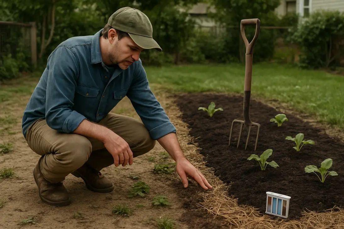 Gardener improving poor soil with compost and seedlings to make a productive vegetable bed.