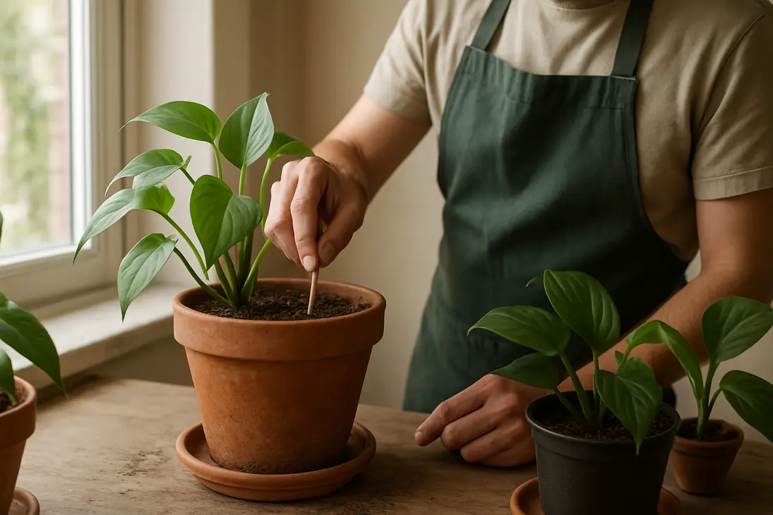 Gardener checking the soil moisture of a potted houseplant before watering.