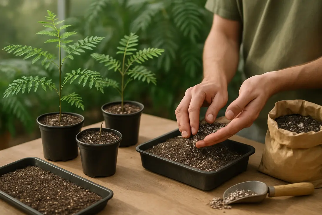 Jacaranda seedlings growing in a loose, well-draining seed-starting mix with perlite and coarse sand.