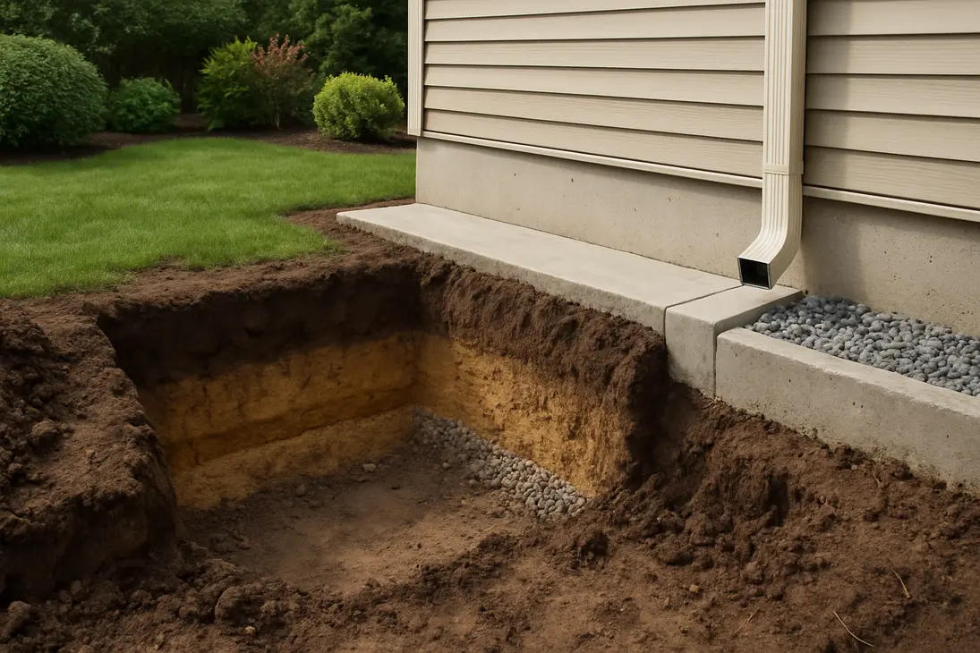 Soil test pit beside a house foundation showing different soil layers and drainage gravel.