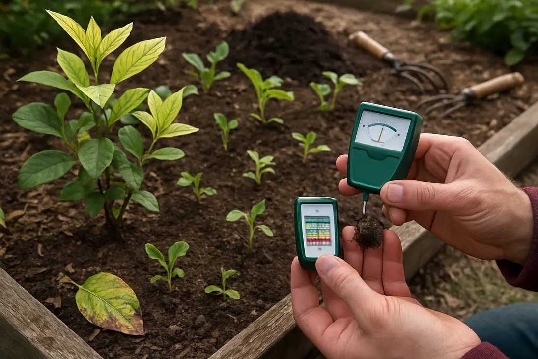 Garden plants with yellowing leaves beside a soil pH test kit and soil sample.