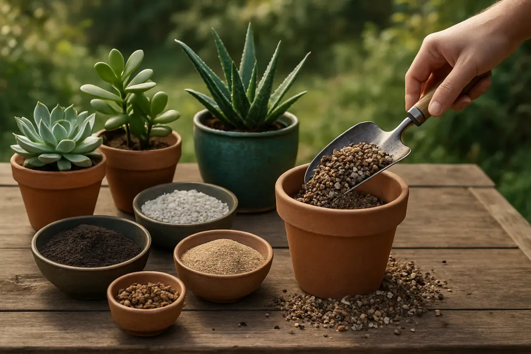 Succulents on a potting bench with gritty soil ingredients for mixing a fast-draining succulent potting mix.