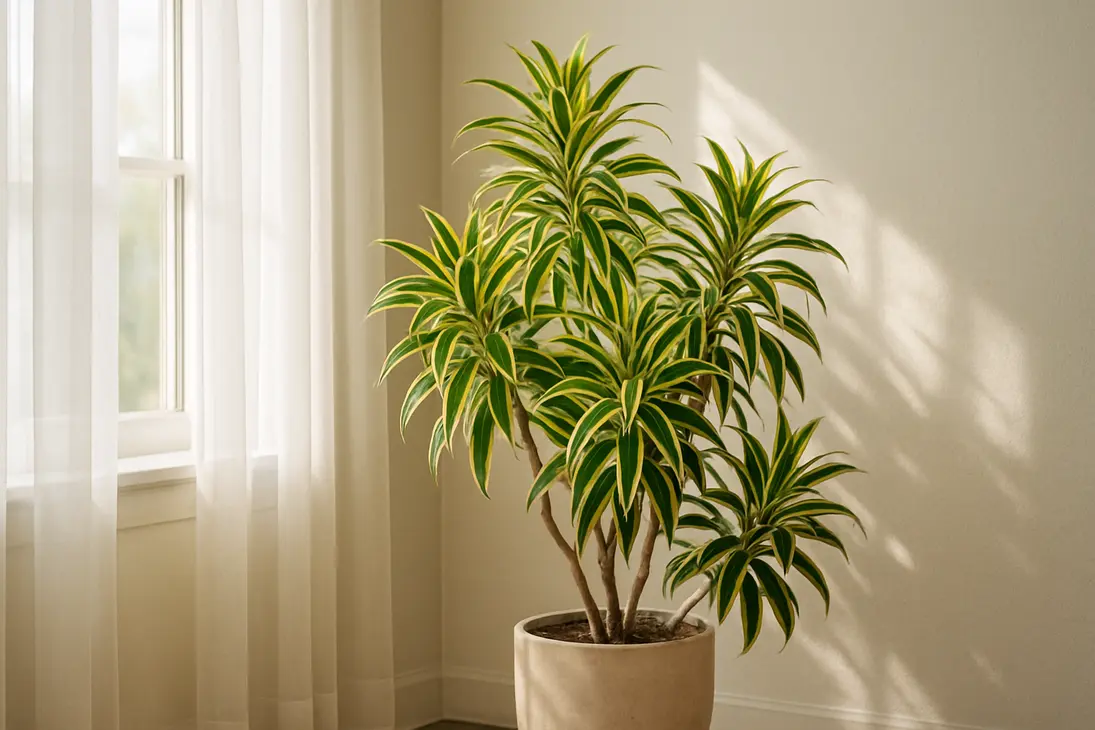 Song of India houseplant near a bright window with filtered indirect light.