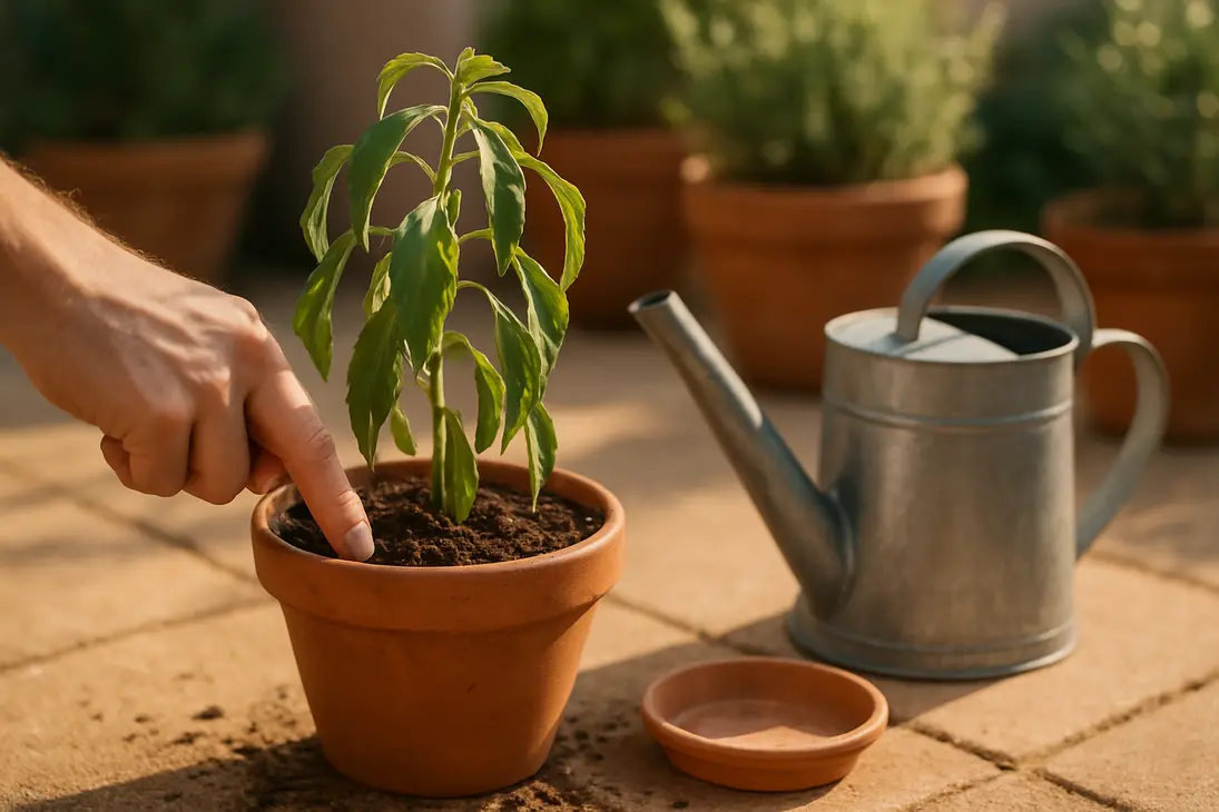 Wilted stevia plant in a pot while a gardener checks the soil moisture.