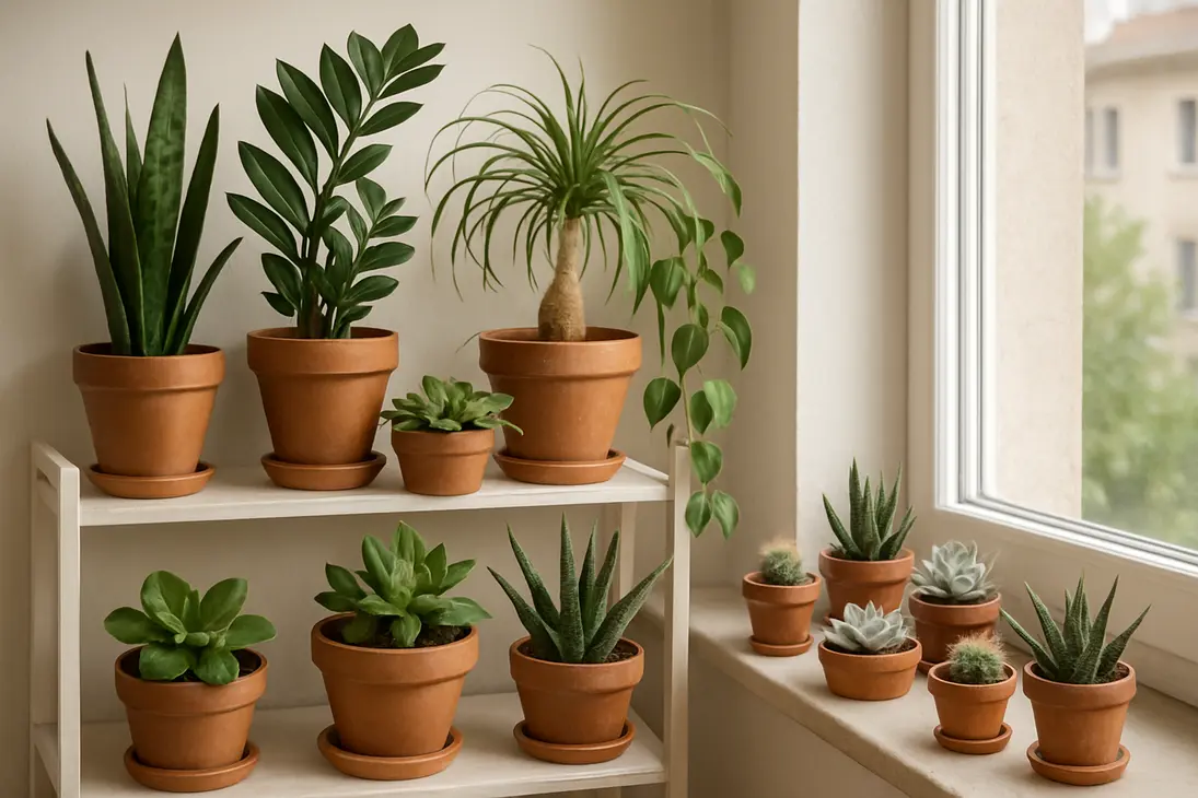 A bright indoor shelf with snake plant, ZZ plant, aloe, haworthia, jade, hoya, and small cacti in simple draining pots.