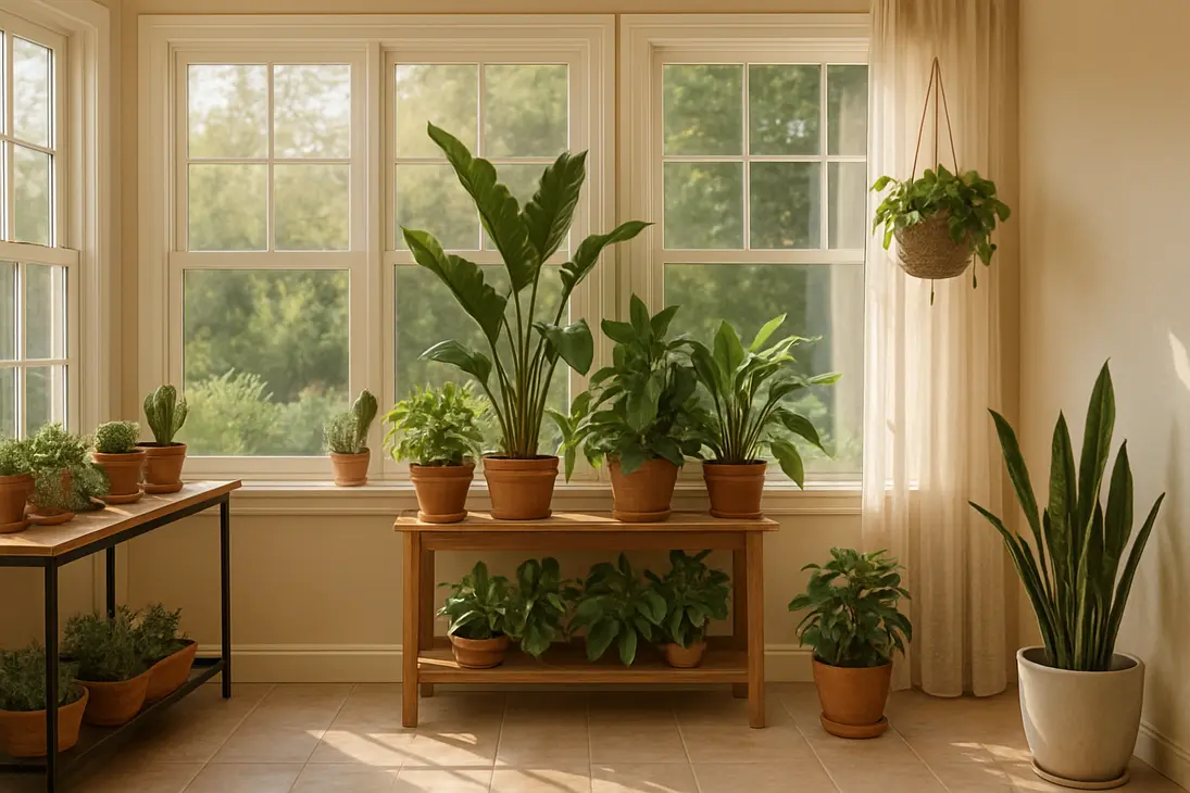 Plants arranged in a bright sunroom with sun-loving plants near the windows and lower-light plants farther back.